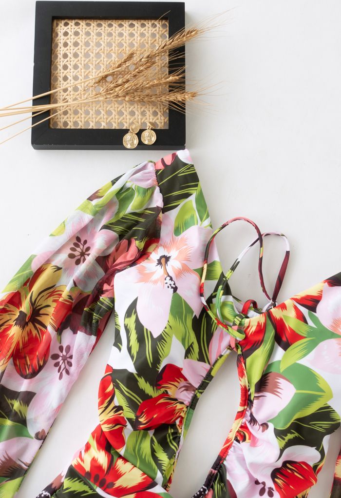 Ausschnitt-Neckholder-Badeanzug mit Netzärmeln in tropischem Blumenmuster