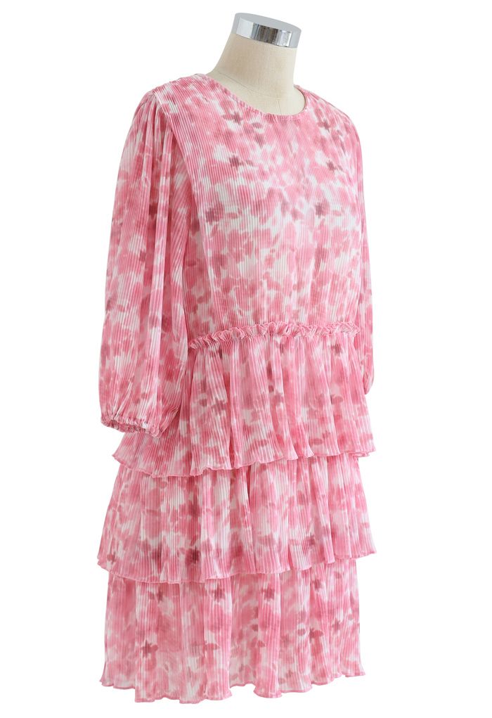 Plissee Tie-Dye Tiered Dolly Kleid in Pink