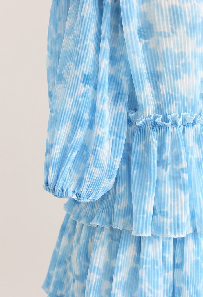 Plissee Tie-Dye Tiered Dolly Kleid in Blau