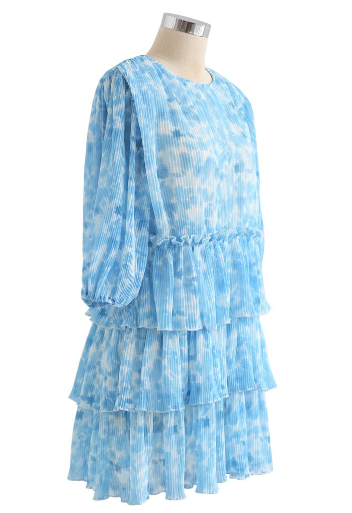 Plissee Tie-Dye Tiered Dolly Kleid in Blau