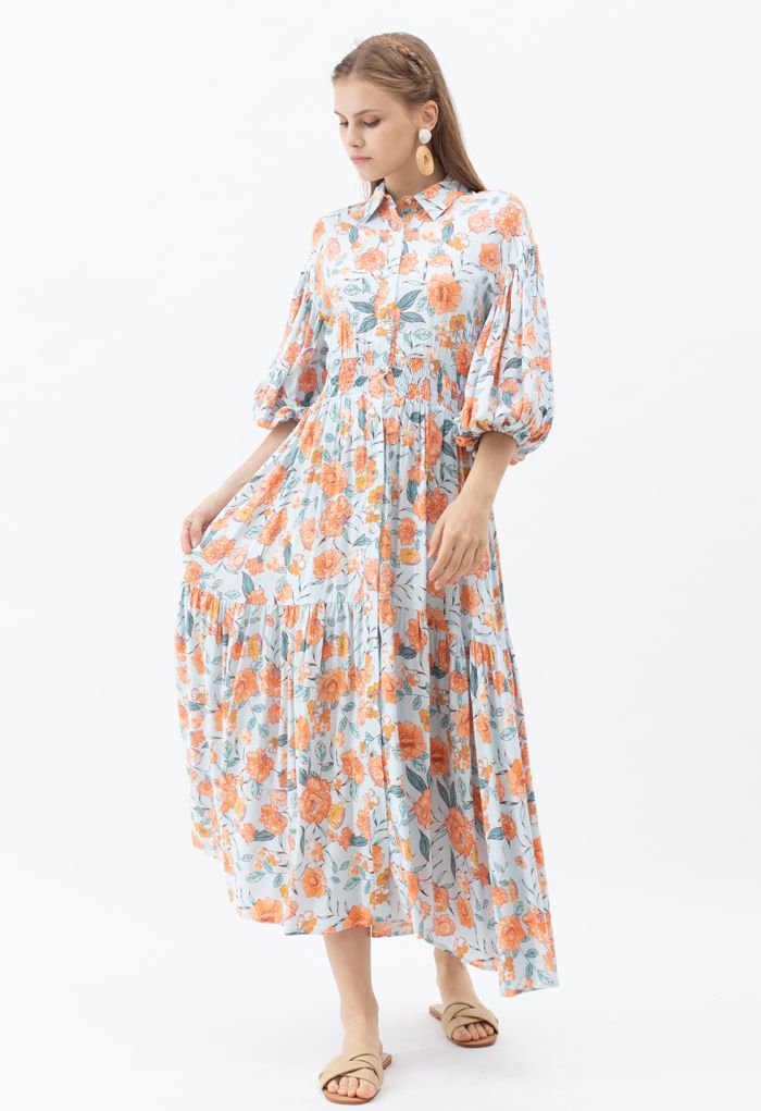 Blossom Moment Bubble Sleeves Button Down Maxikleid in Hellblau