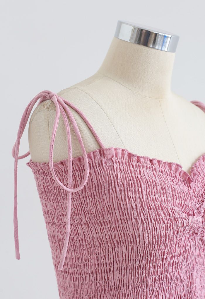 Geraffte vordere Shirring Crop Cami Top in Pink