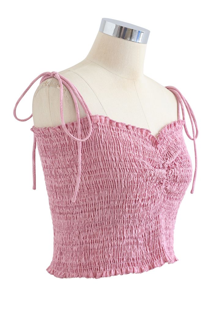 Geraffte vordere Shirring Crop Cami Top in Pink