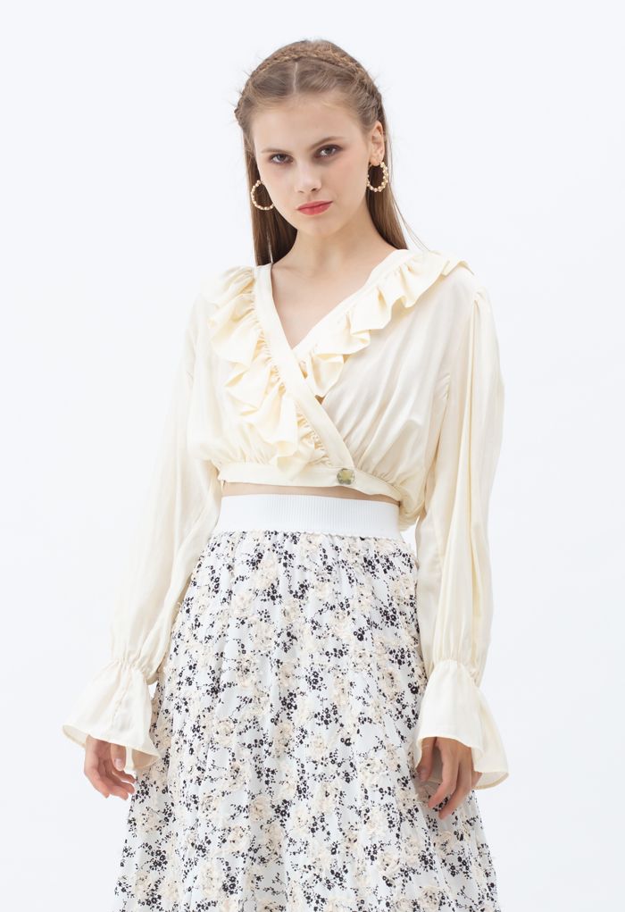 Buttoned Wrap Ruffle Crop Top in Creme
