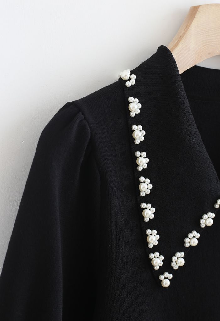 Pearly Collar Puff Sleeves Strickoberteil in Schwarz