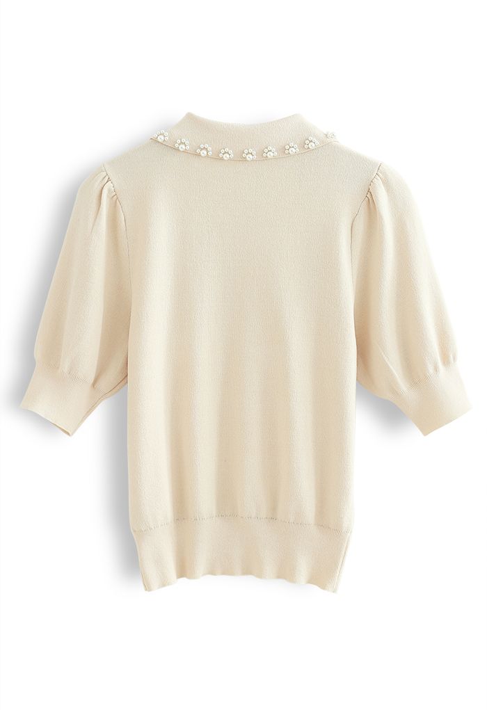 Pearly Collar Puff Sleeves Strickoberteil in Creme