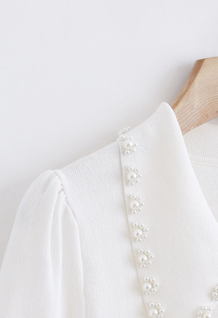 Pearly Collar Puff Sleeves Strickoberteil in Weiß