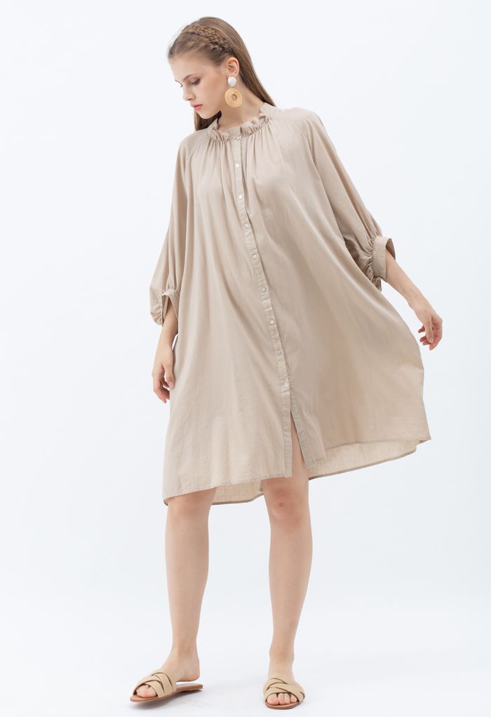 Breezy Bubble Sleeve Longline Shirt Kleid in Hellbraun