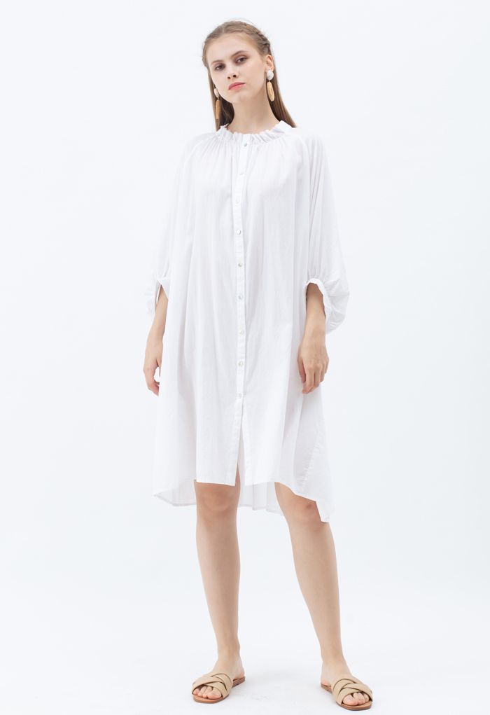 Breezy Bubble Sleeve Longline Shirt Kleid in Weiß