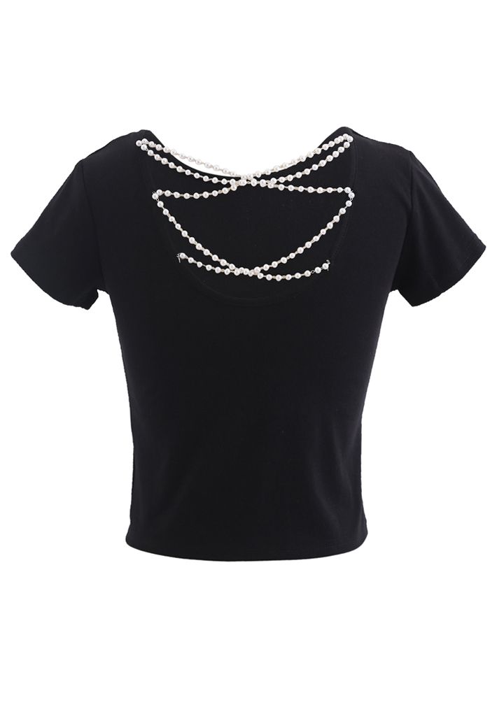 Crisscross Pearl Chain Crop T-Shirt in Schwarz