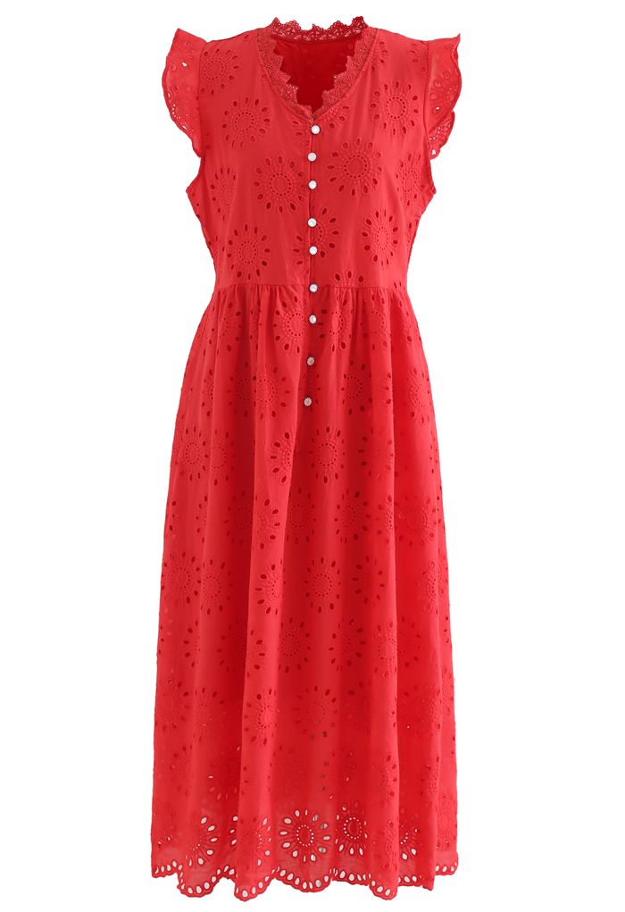 Allover Eyelet Embroidery Buttoned Ärmelloses Kleid in Rot
