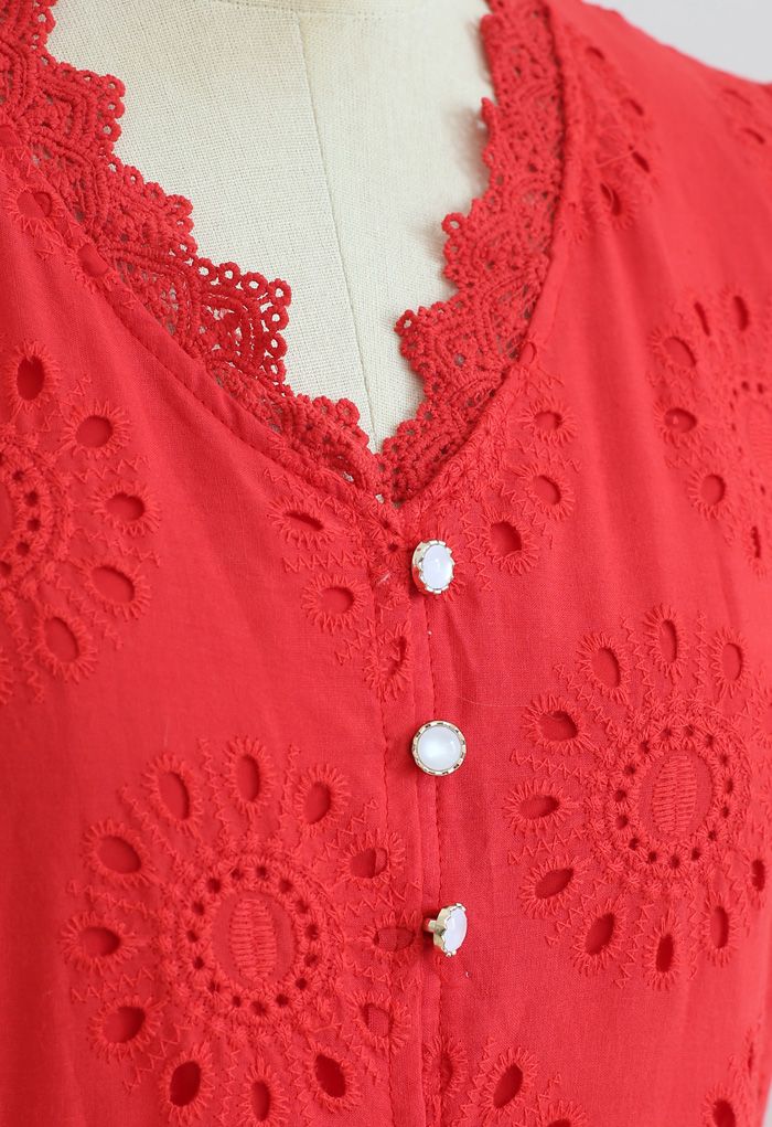 Allover Eyelet Embroidery Buttoned Ärmelloses Kleid in Rot