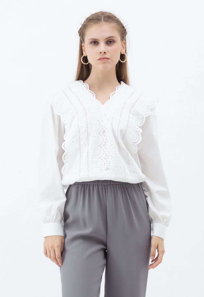 V-Ausschnitt Scrolled Embroidery White Shirt