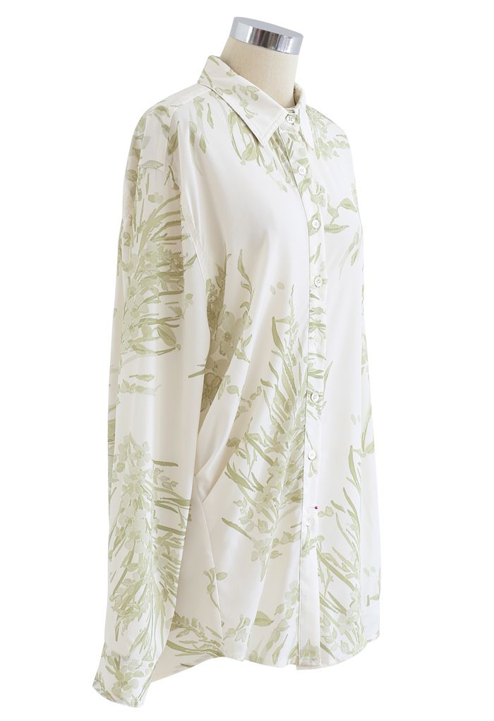Zierliches Langleinenhemd mit Blumendruck in Moosgrün