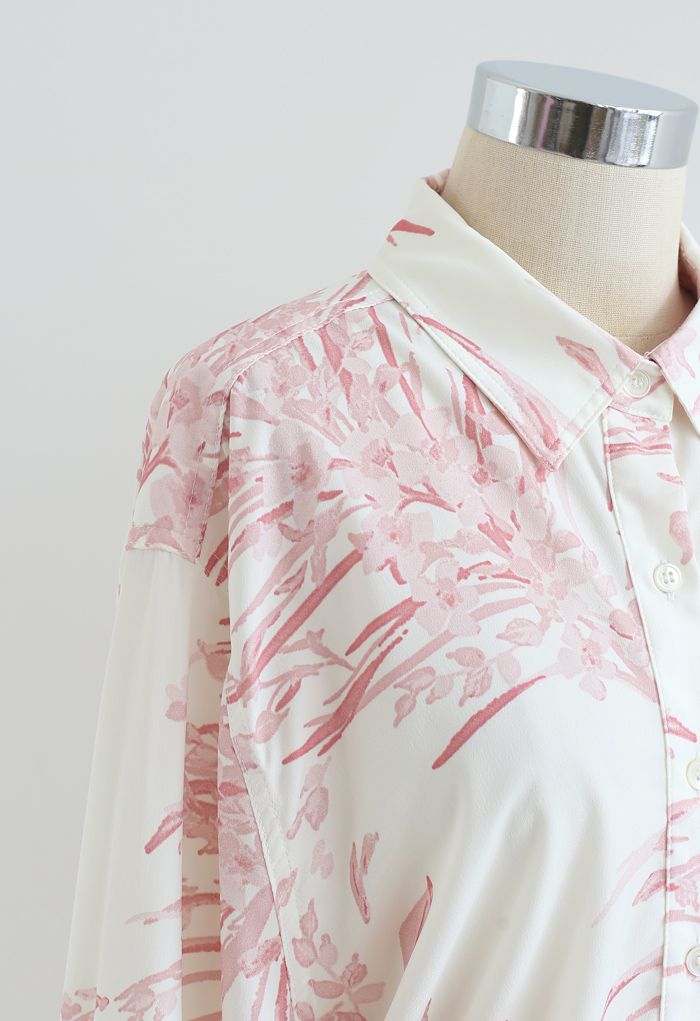 Zierliches Langleinenhemd mit Blumendruck in Pink