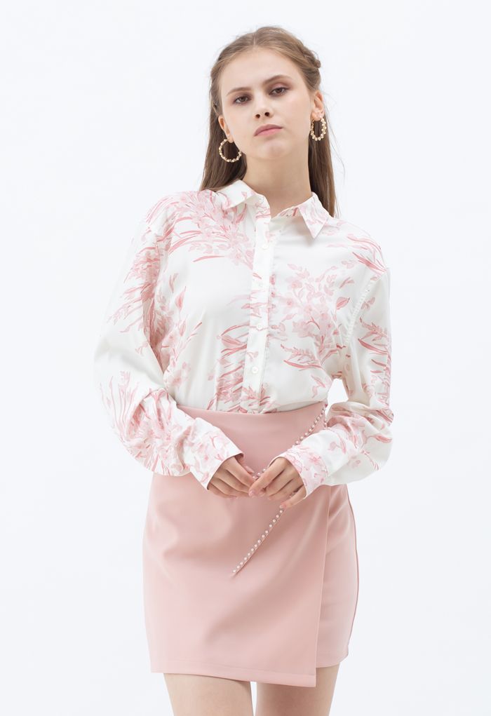 Zierliches Langleinenhemd mit Blumendruck in Pink