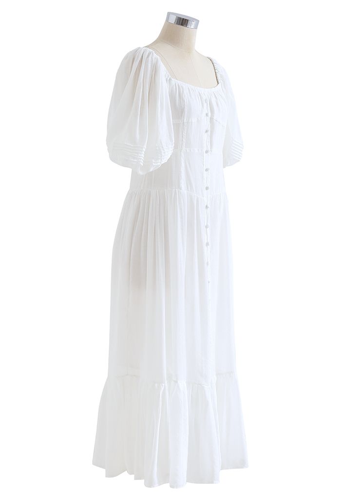 Flowy Puff Sleeves Buttoned Frilling Dress in White
