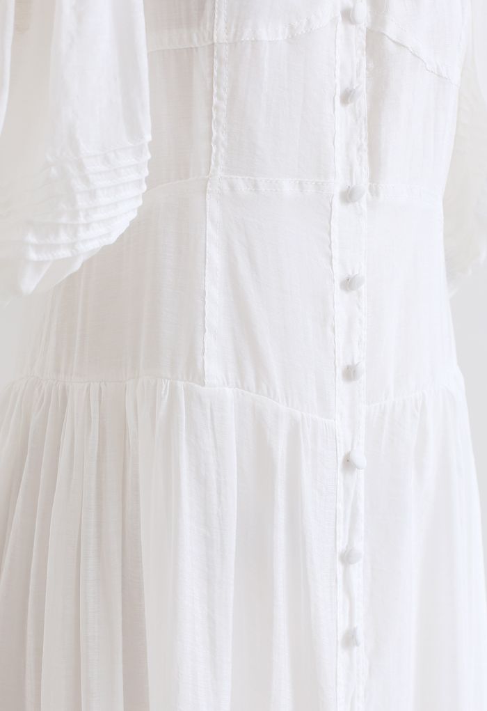 Flowy Puff Sleeves Buttoned Frilling Dress in White