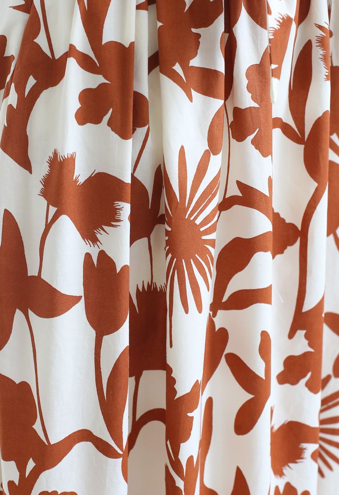 Tropical Print Knot Shirred Cami Kleid aus Karamell