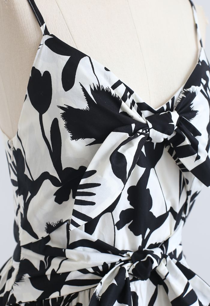 Tropical Print Knot Shirred Cami Kleid in Schwarz