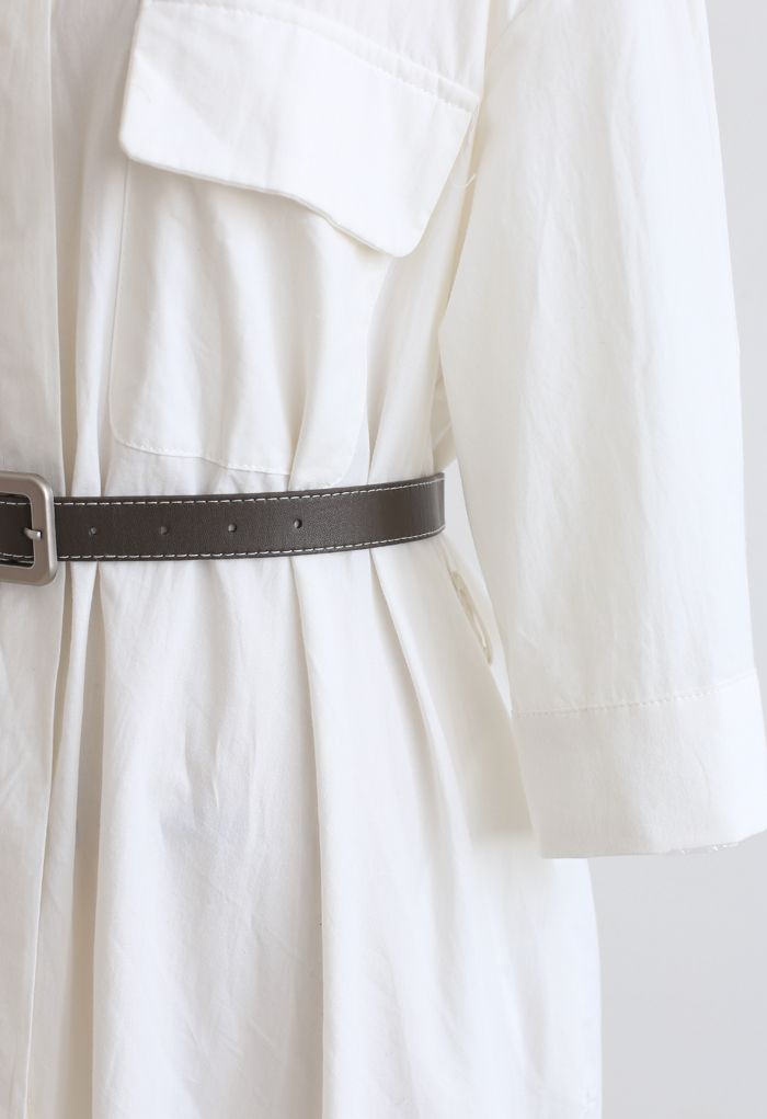 Button Down Belted Baumwollhemd Kleid in Weiß