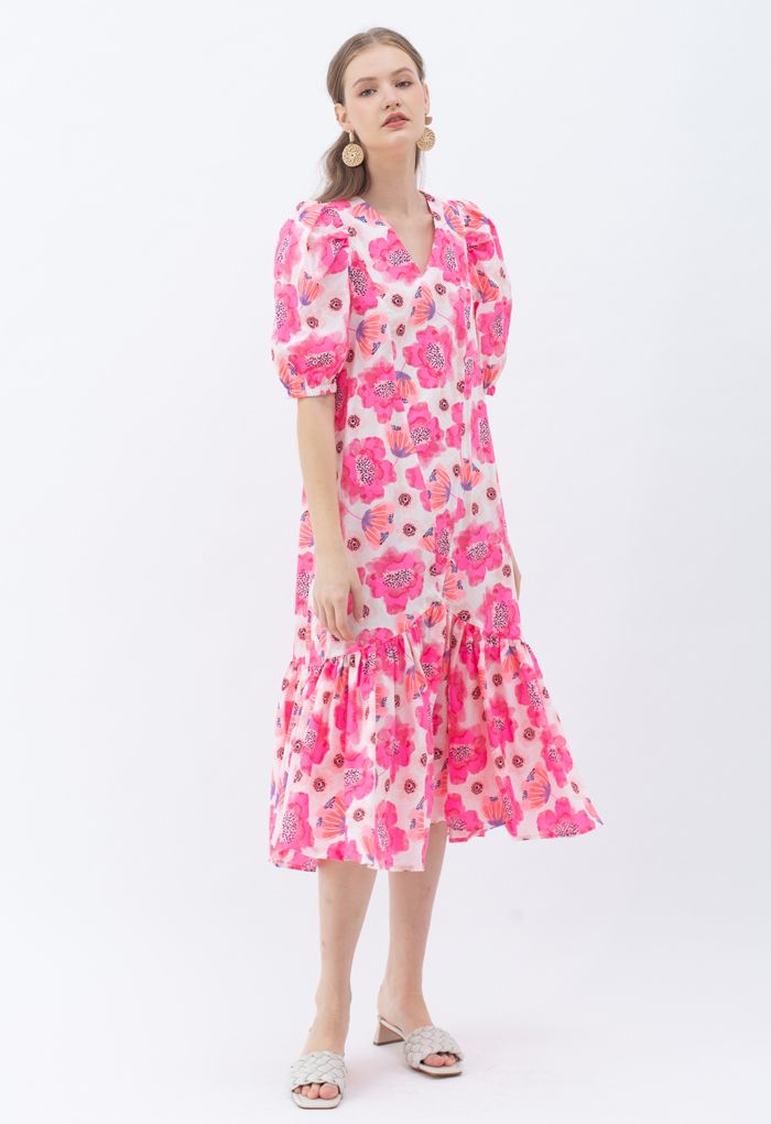 Hot Pink Blossom Bubble Sleeve Dolly Midi-Kleid