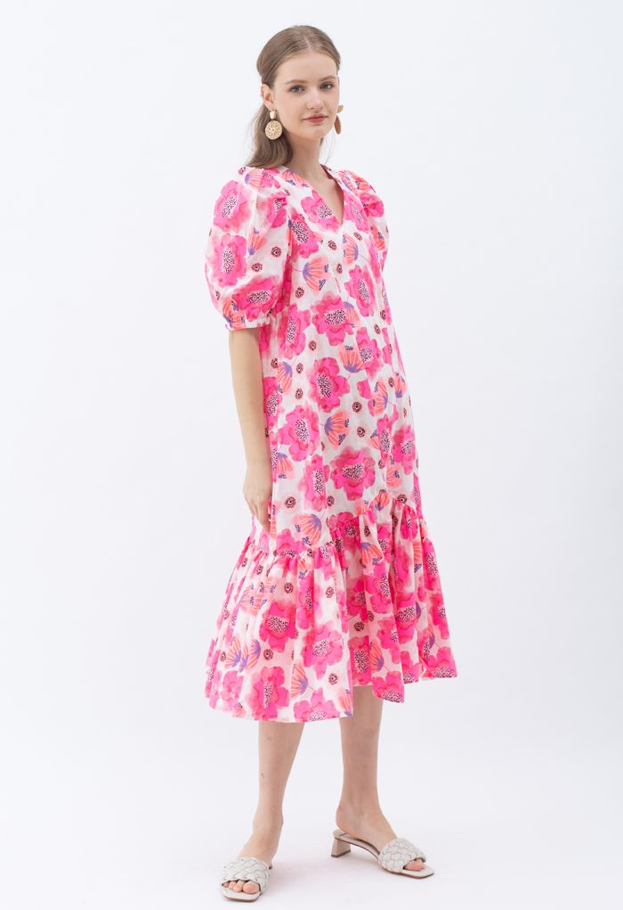 Hot Pink Blossom Bubble Sleeve Dolly Midi-Kleid