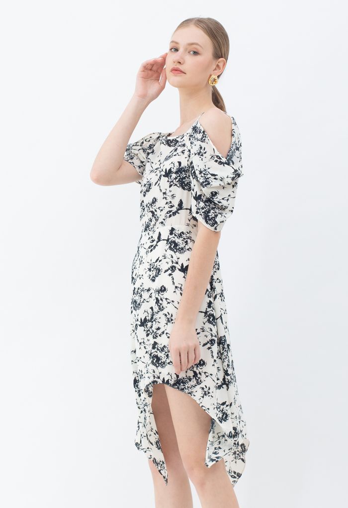 Skizze Blumendruck Asymmetrisches Kleid mit kalter Schulter