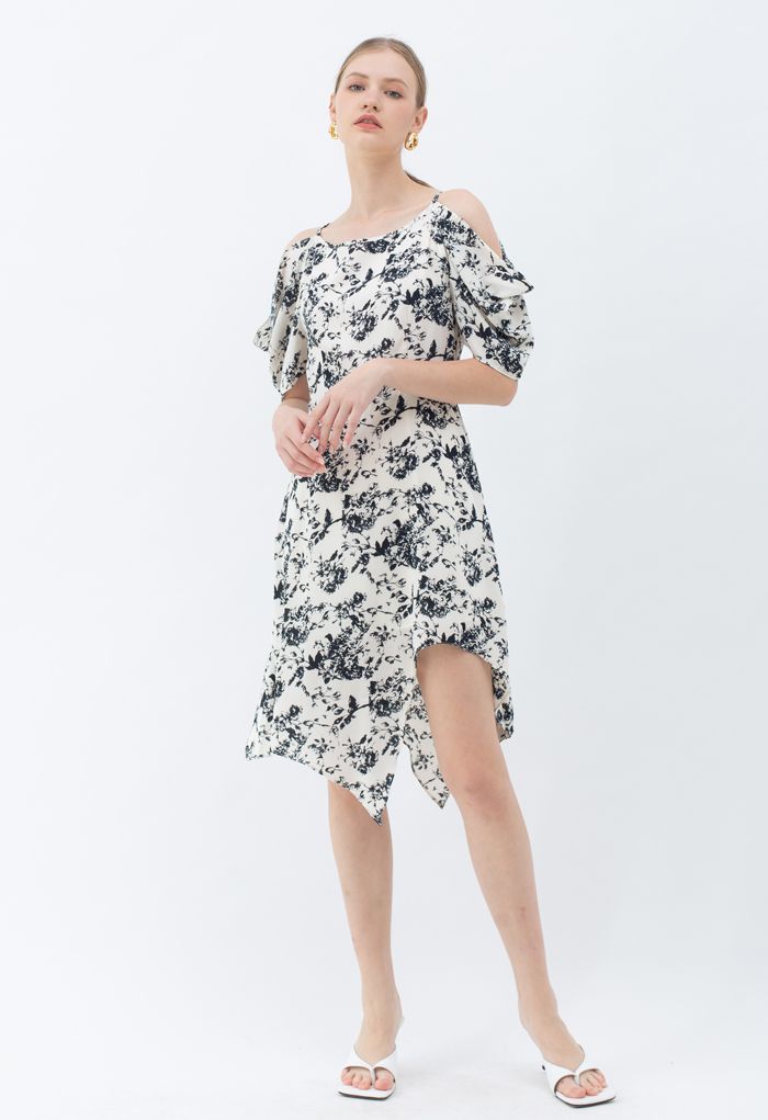 Skizze Blumendruck Asymmetrisches Kleid mit kalter Schulter