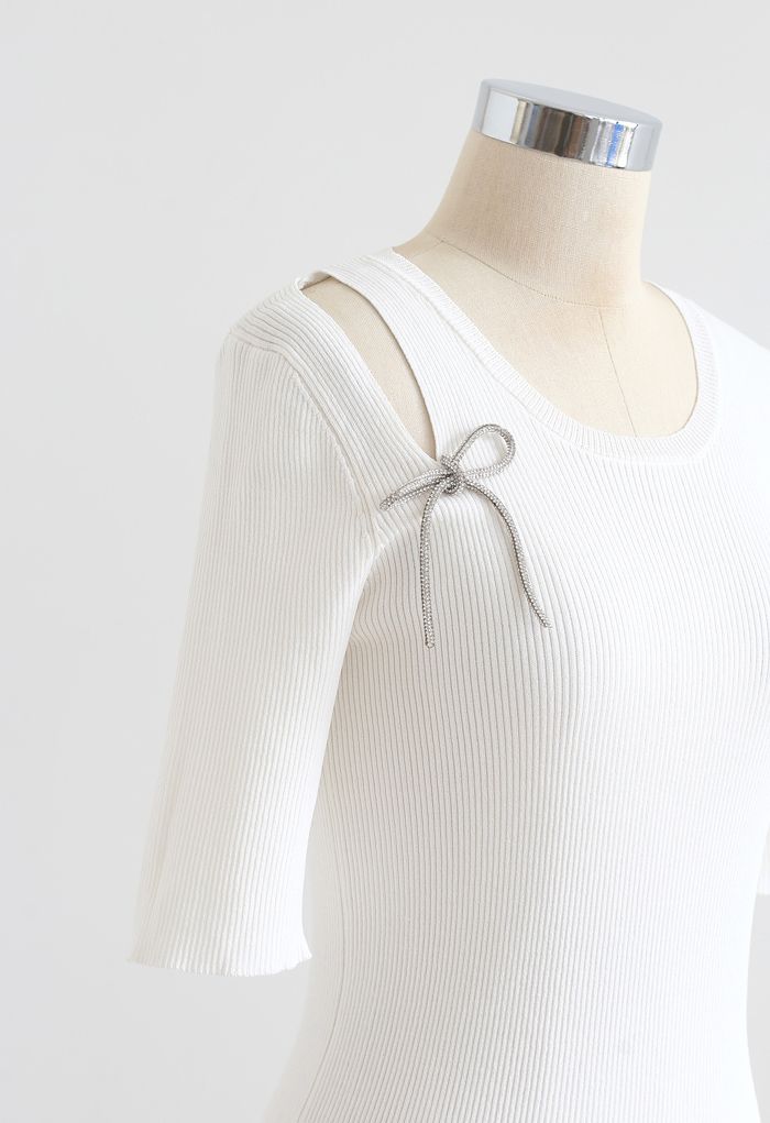 Schulterausschnitt Bowknot Rib Knit Top in Weiß