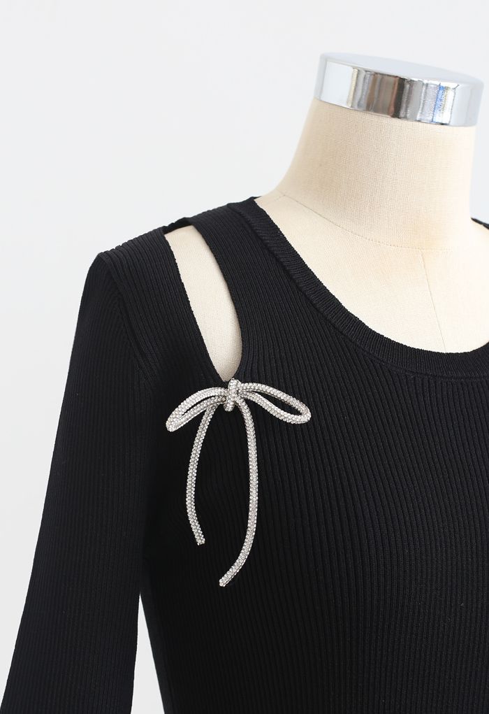Schulterausschnitt Bowknot Rib Knit Top in Schwarz