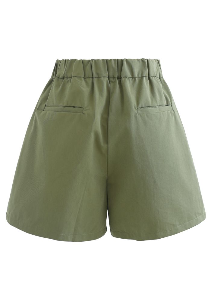 High Rise Side Zip Pocket Plissee Shorts in Army Green