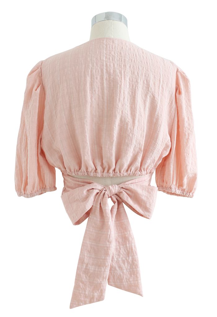 Plaid Jacquard V-Ausschnitt Krawatte Taille Crop Top in Pink