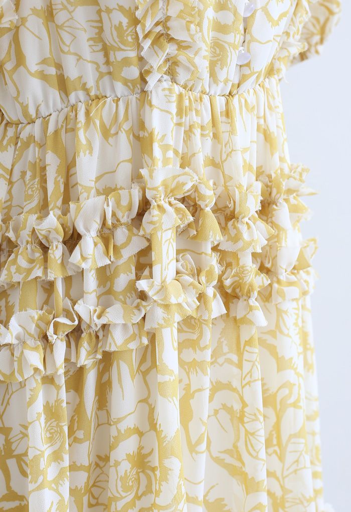 Chiffon-Kleid mit Rüschendetail und Rosendruck aus Senf