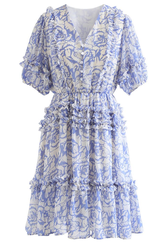 Chiffon-Kleid mit Rüschendetail und Rosendruck in Blau