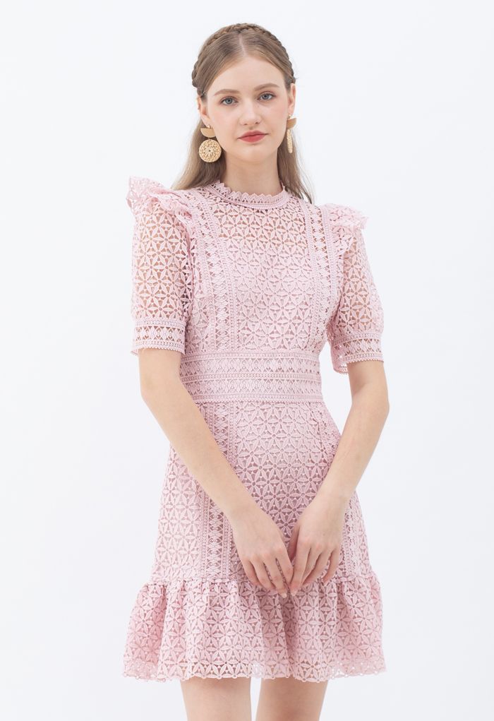 High Neck Full Crochet Minikleid in Pink