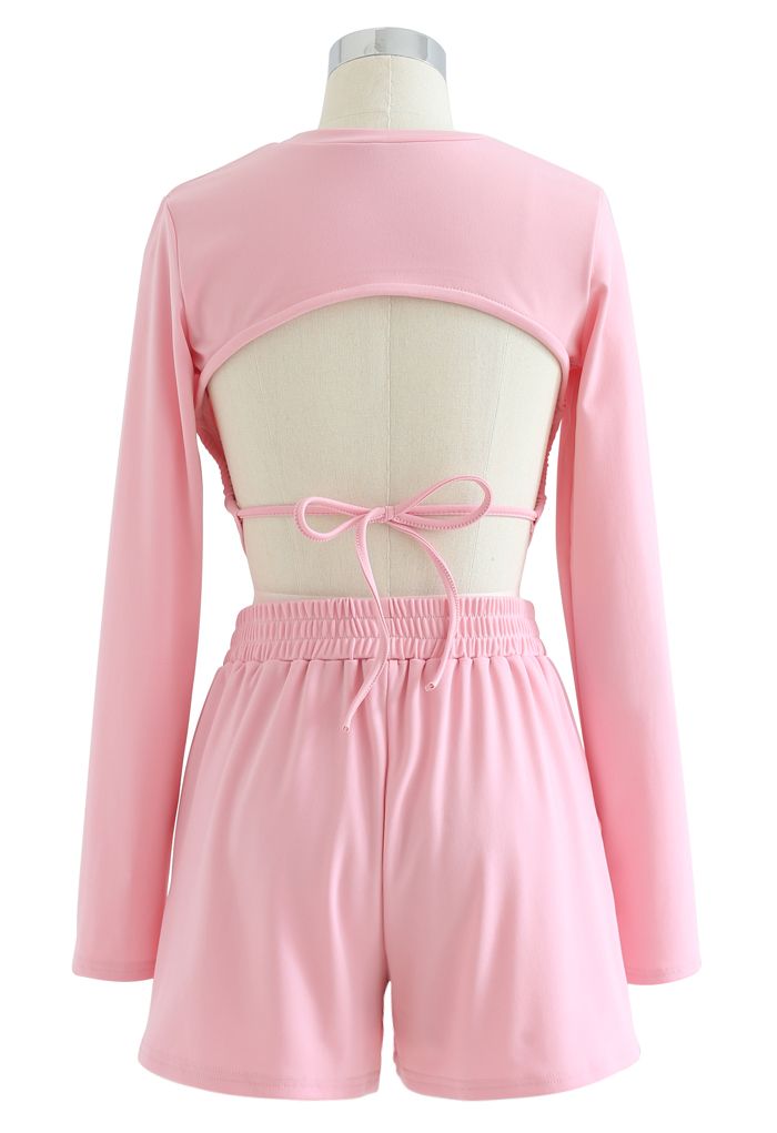 Cutout Tie Back Crop Top und Shorts Set in Pink