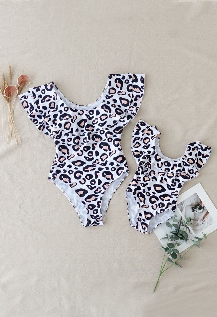 Abgestufte Schulter Leopardenmuster Bikini Set für Mama & Kinder