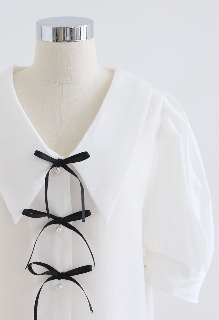 Collared Bowknot Buttoned Shirt in Weiß