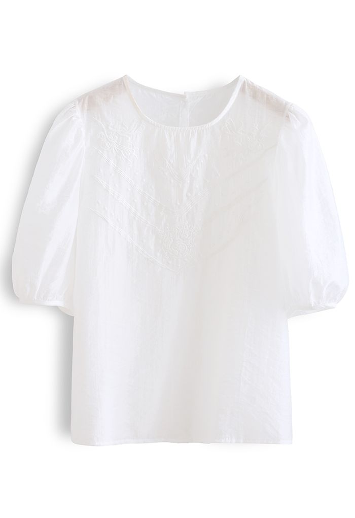 Semi-Sheer Mid Sleeve besticktes Top in Weiß
