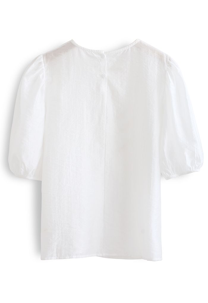 Semi-Sheer Mid Sleeve besticktes Top in Weiß