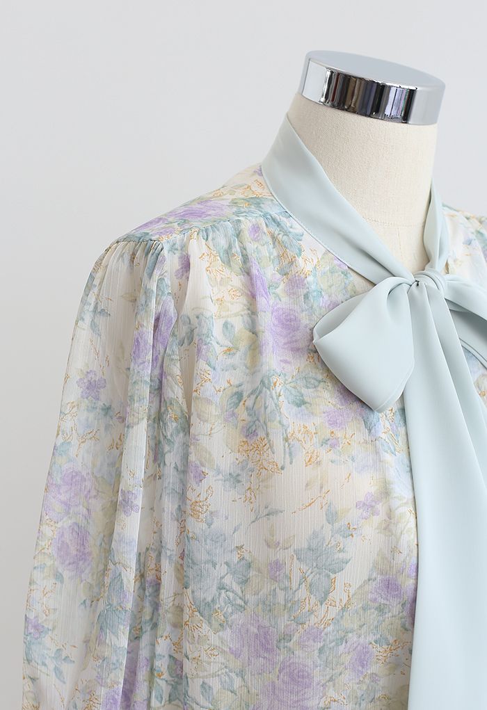 Vintage Floral Tie Neck Sheer Shirt in Minze