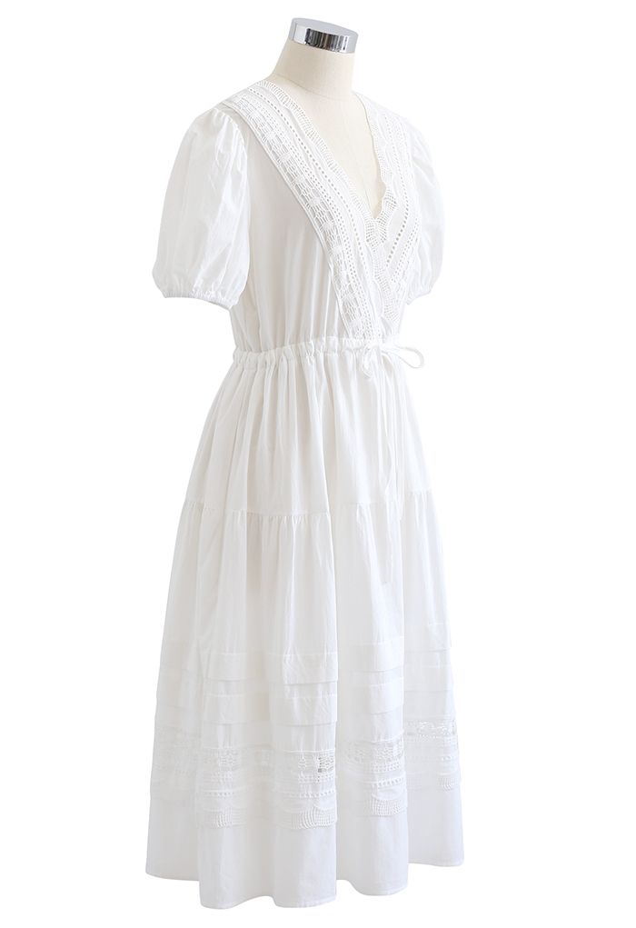 Spitzeneinsatz Bubble Sleeves Wrapped Midi-Kleid in Weiß