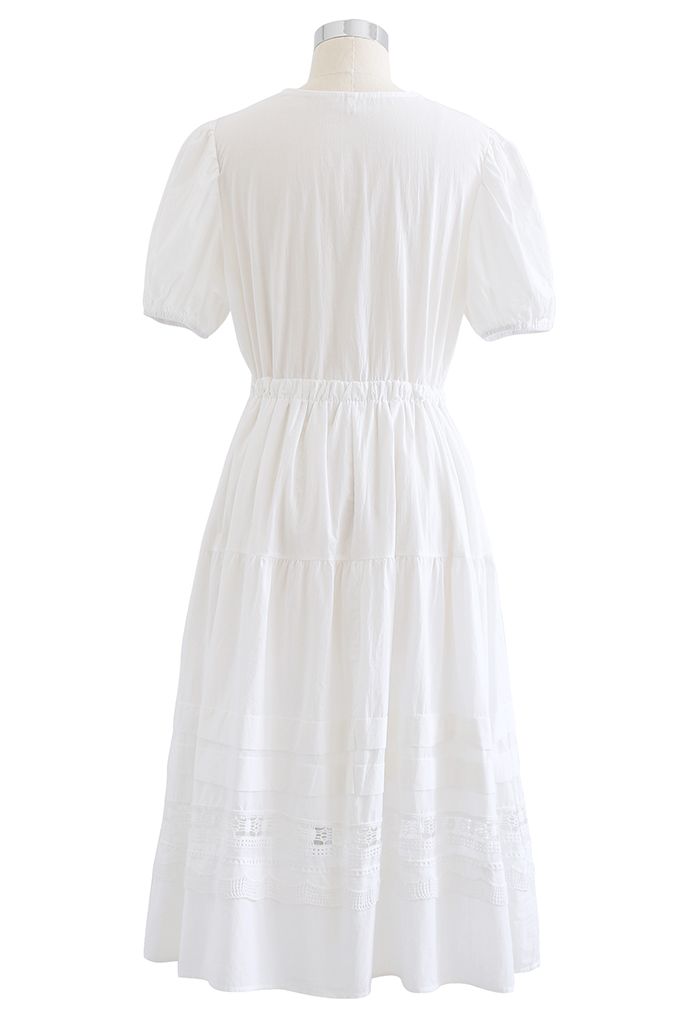 Spitzeneinsatz Bubble Sleeves Wrapped Midi-Kleid in Weiß