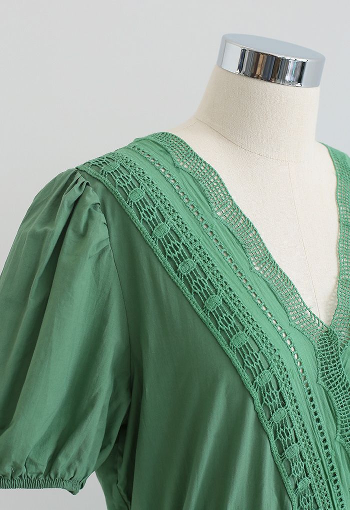 Spitzeneinsatz Bubble Sleeves Wrapped Midi-Kleid in Grün