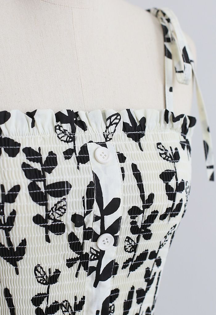 Krawatte Schulter Floral Shirred Midi Kleid in Schwarz