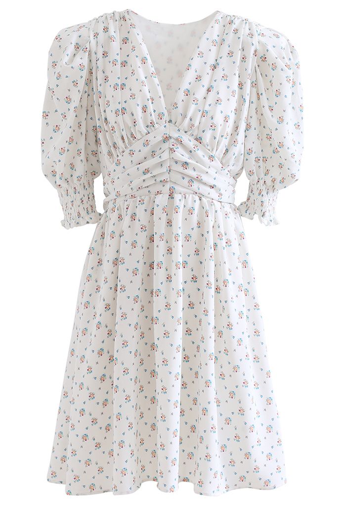 Gepolstertes, florales V-Ausschnitt-Kleid mit Puffärmeln in Weiß