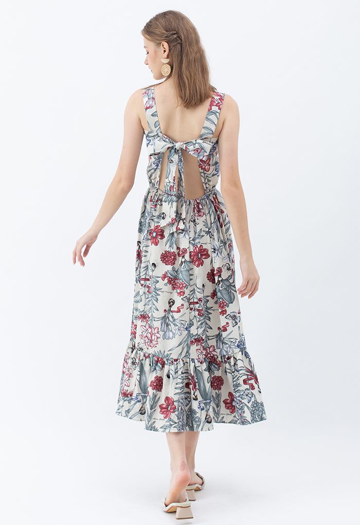 Natürliches Kleid aus Leinenmischung mit Narzissen-Print