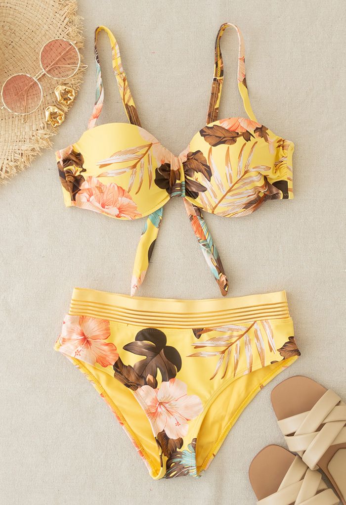 Bustier-Bikini-Set mit tropischem Blätter-Print in Gelb