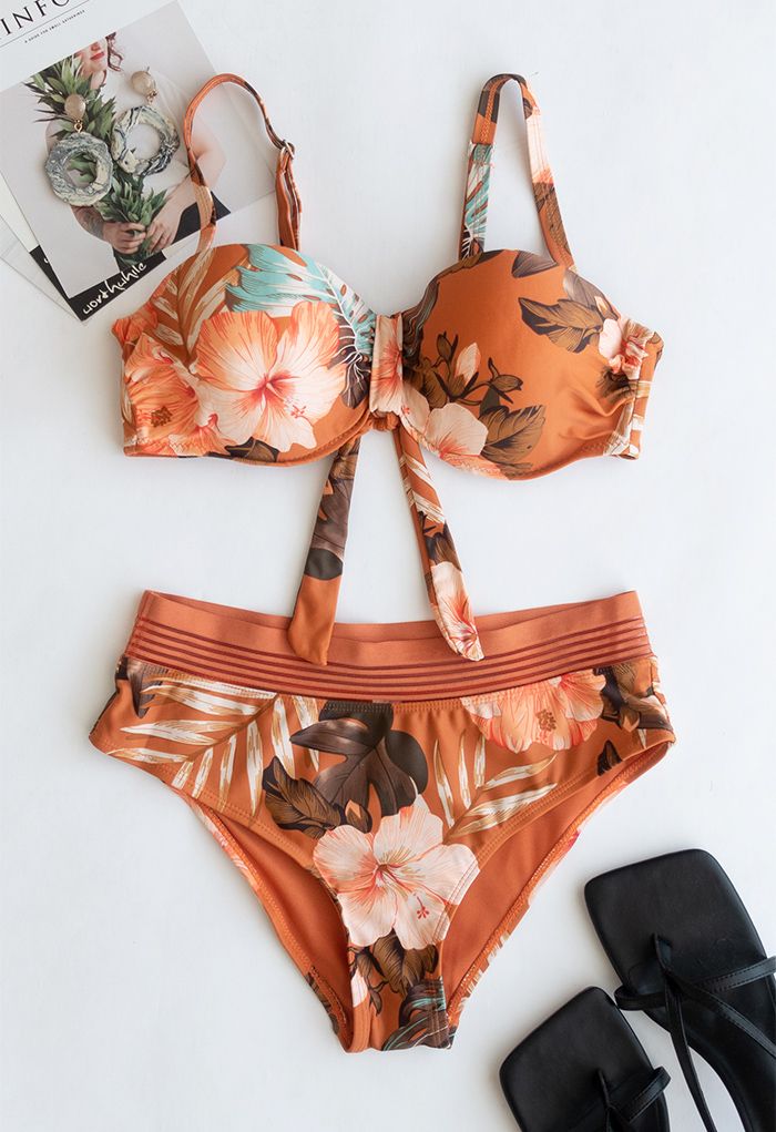 Bustier-Bikini-Set mit tropischem Blätter-Print in Orange